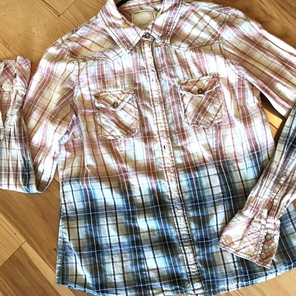 Bleached Shirt, Junior Size Medium: Upcycled Hand Painted Plaid Top - Picture 8 of 12